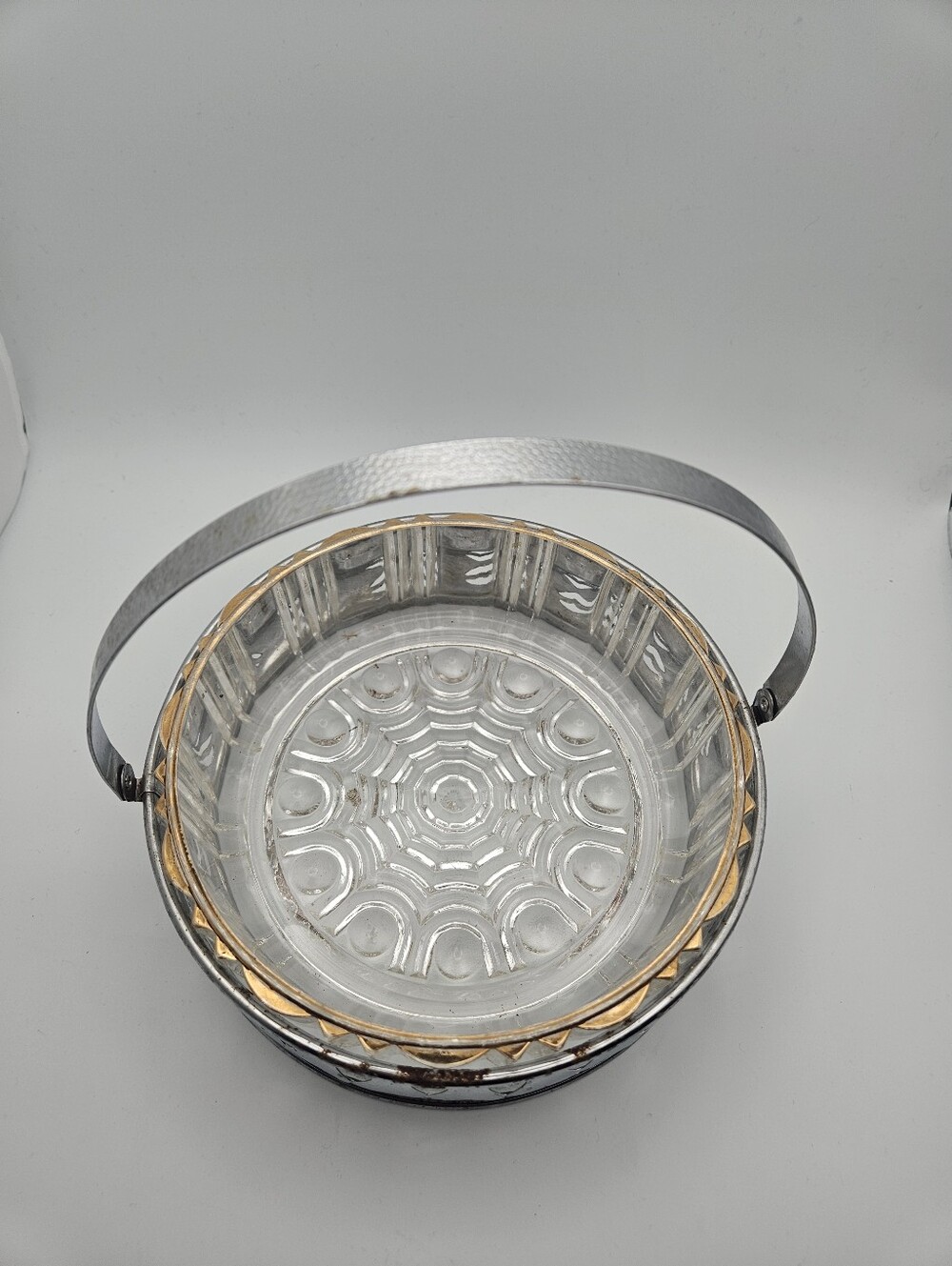 Vintage Glass Candy Dish with Silver-Tone Handle and Gold Trim